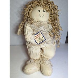 19" Quilted Treasures Vintage Natural Shelf Christmas Angel Rag Doll Rafia Hair